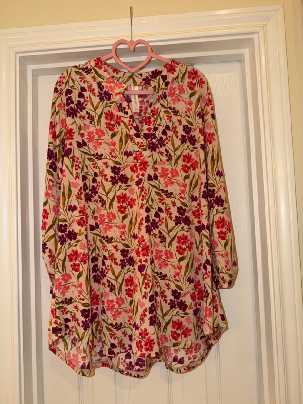 Floral V-Neck Long Sleeve Blouse - Pink & Purple